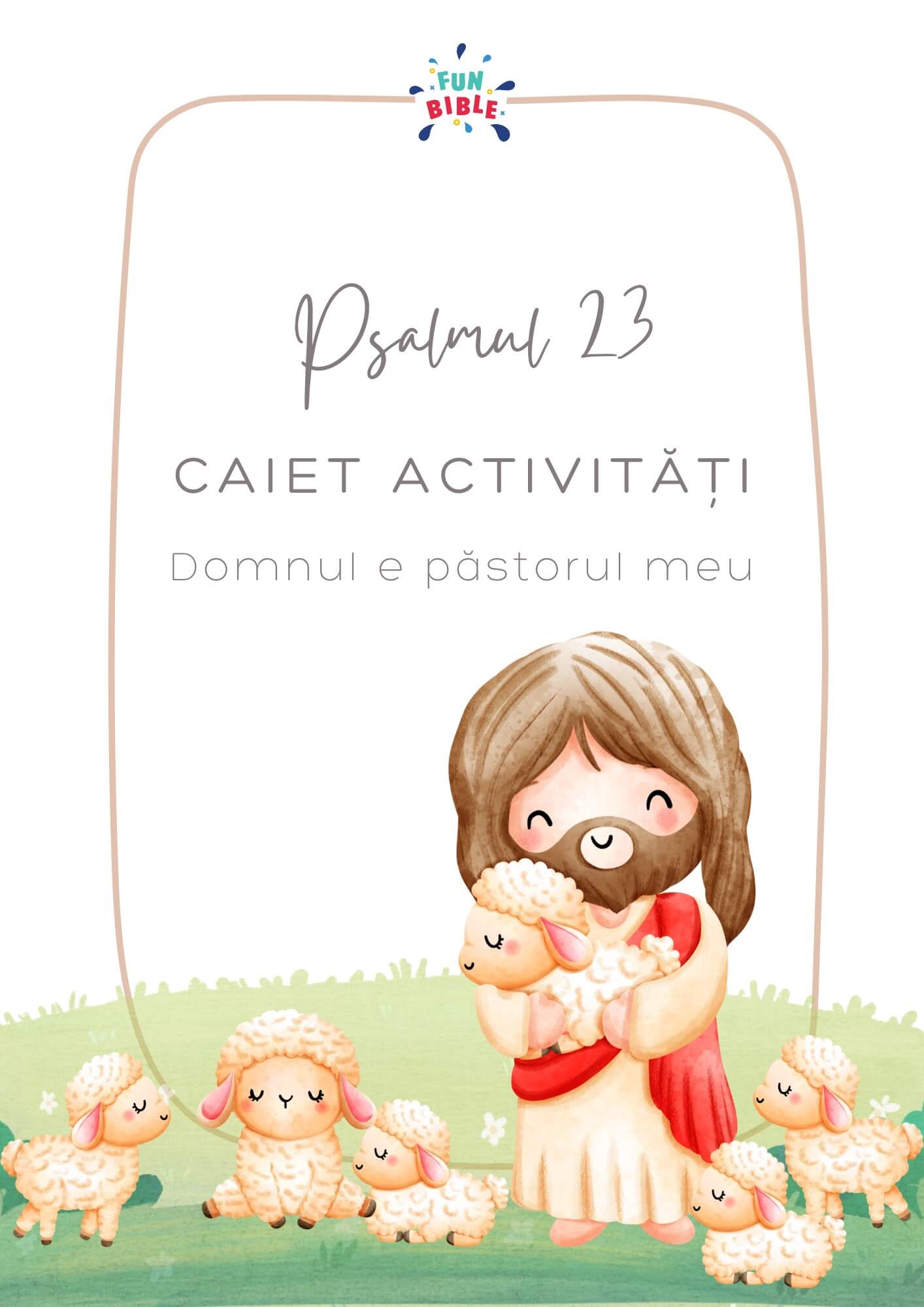 Coperta caiet Psalmul 23 Desen cu Isus care tine in mana o oaie, inconjurat de alte oi pe o pajiste