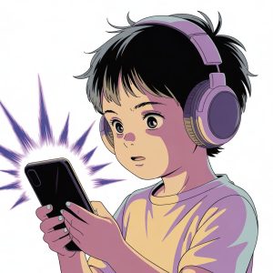 copil care sta pe telefon si e socat de ce vede. Imaginea este in stil anime